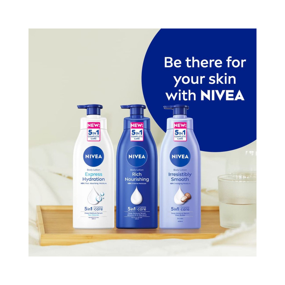 NIVEA Irresistibly Smooth Body Lotion (400ml), NIVEA Moisturiser for Dry Skin made with Deep Moisture Serum and Shea Butter, Smooth Skin NIVEA Body Lotion