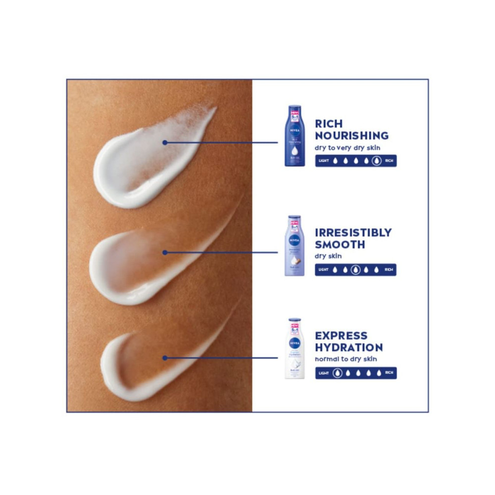 NIVEA Irresistibly Smooth Body Lotion (400ml), NIVEA Moisturiser for Dry Skin made with Deep Moisture Serum and Shea Butter, Smooth Skin NIVEA Body Lotion